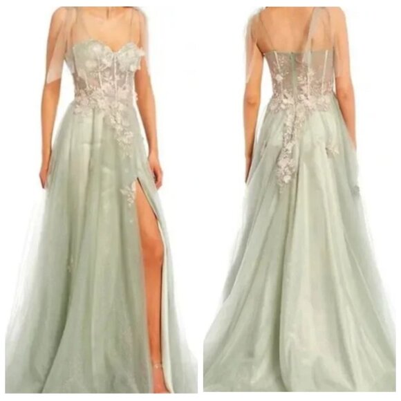 Dillard's GB Bow Strap Sweetheart Neck Corset Bodice Floral Slit Hem Dress